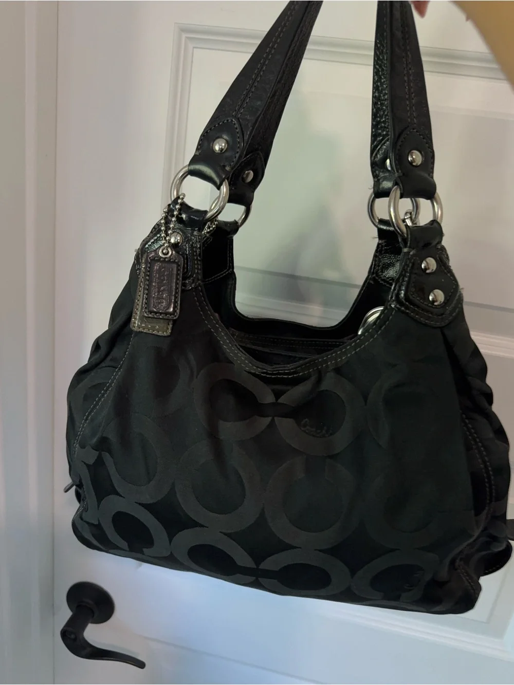 Coach Black Signature Tote with Pink Charm Accents
